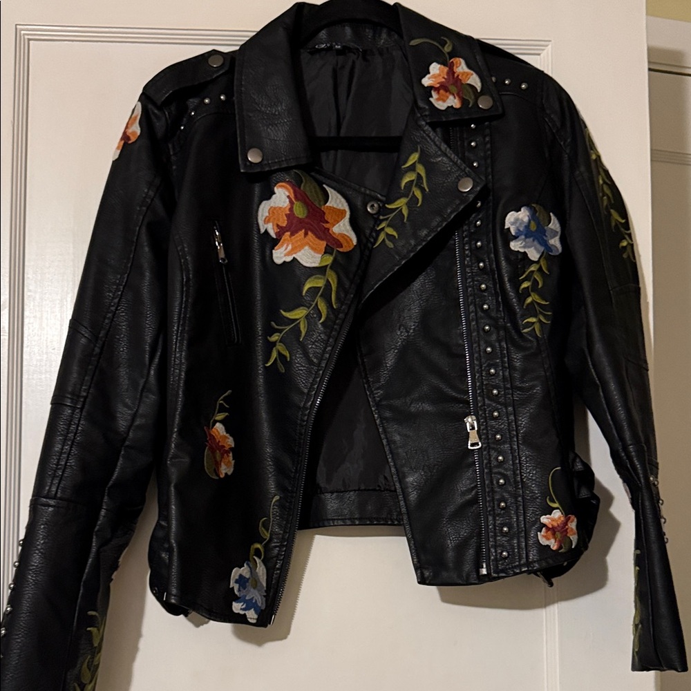 Embroidered Black Leather Jacket